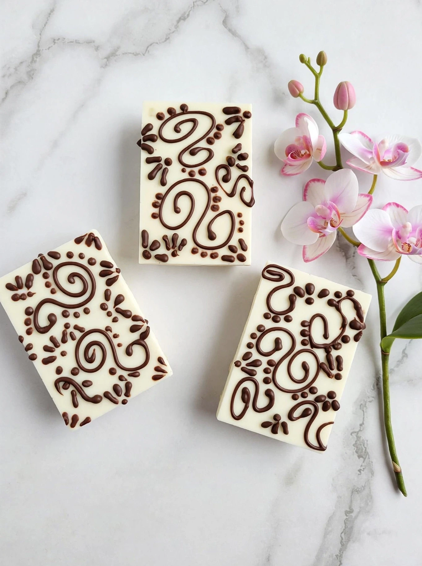 Three white chocolate Rice Krispy treats with dark chocolate scroll designs on marble with pink orchids