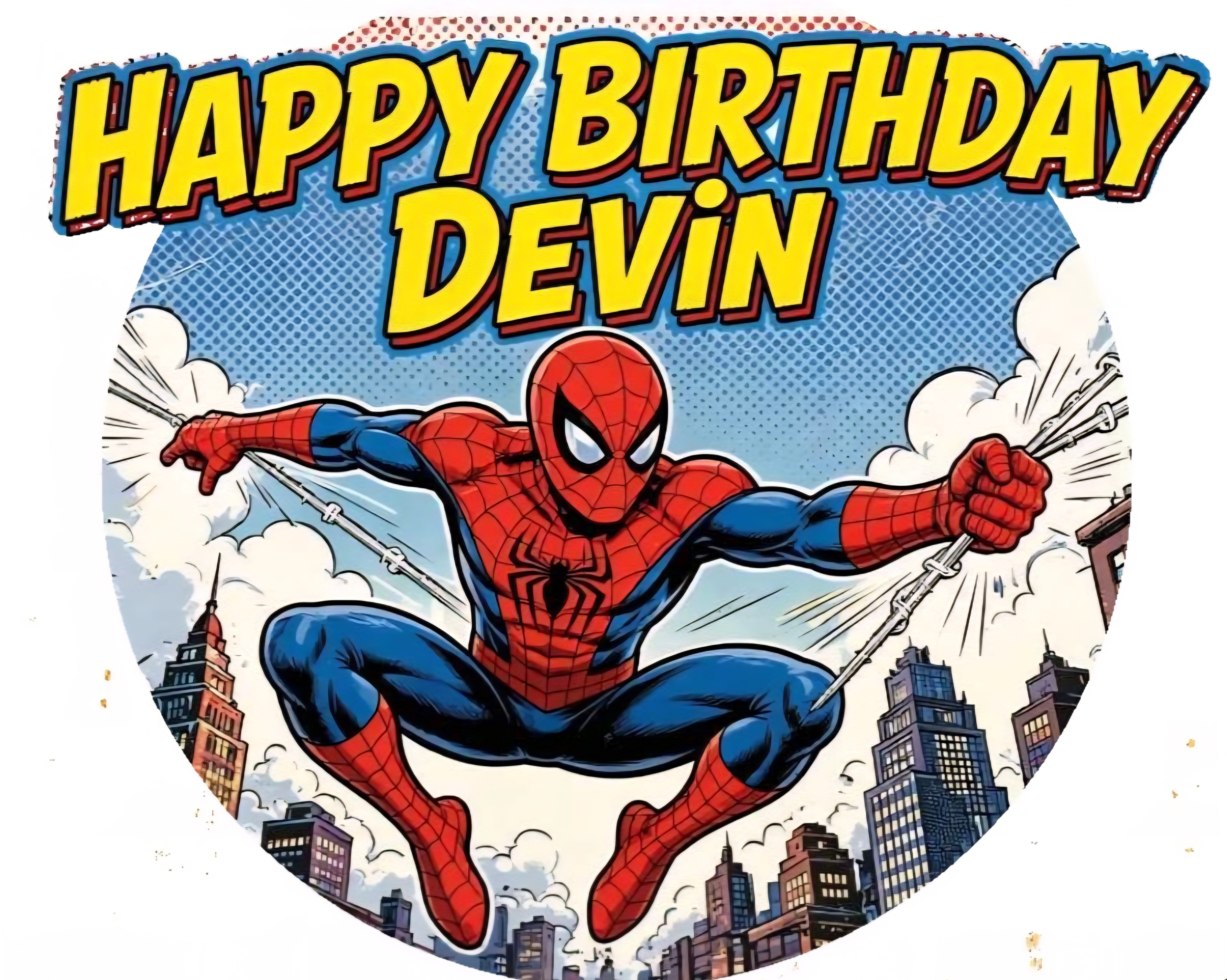 Custom Spider-Man Happy Birthday edible cake topper with comic-book style illustration personalized with name Devin