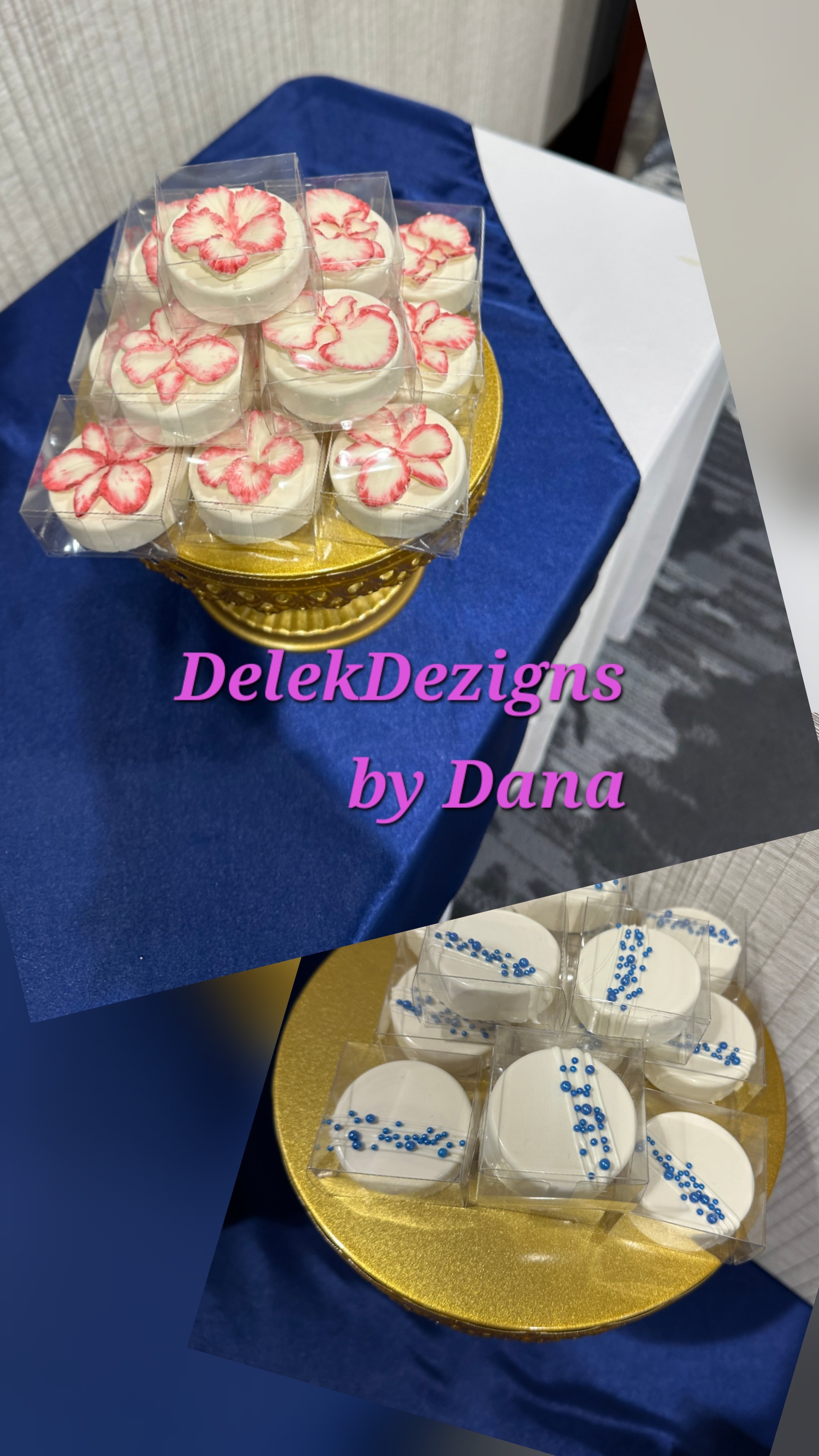White chocolate Oreos decorated with pink hibiscus flowers and blue pearl designs on gold cake stands