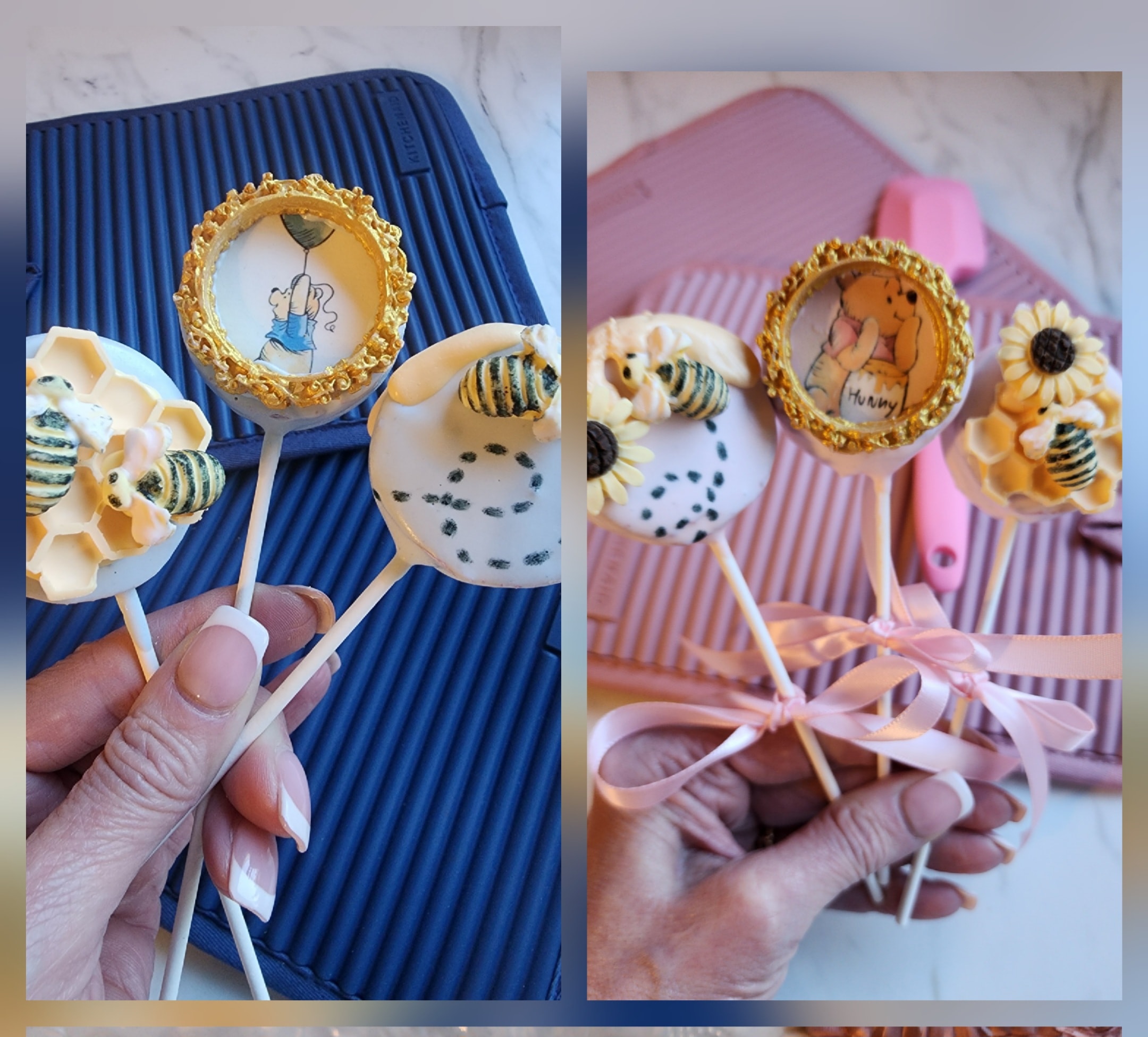 Winnie the Pooh themed cake pops and Hunny decorated cookies for a baby shower