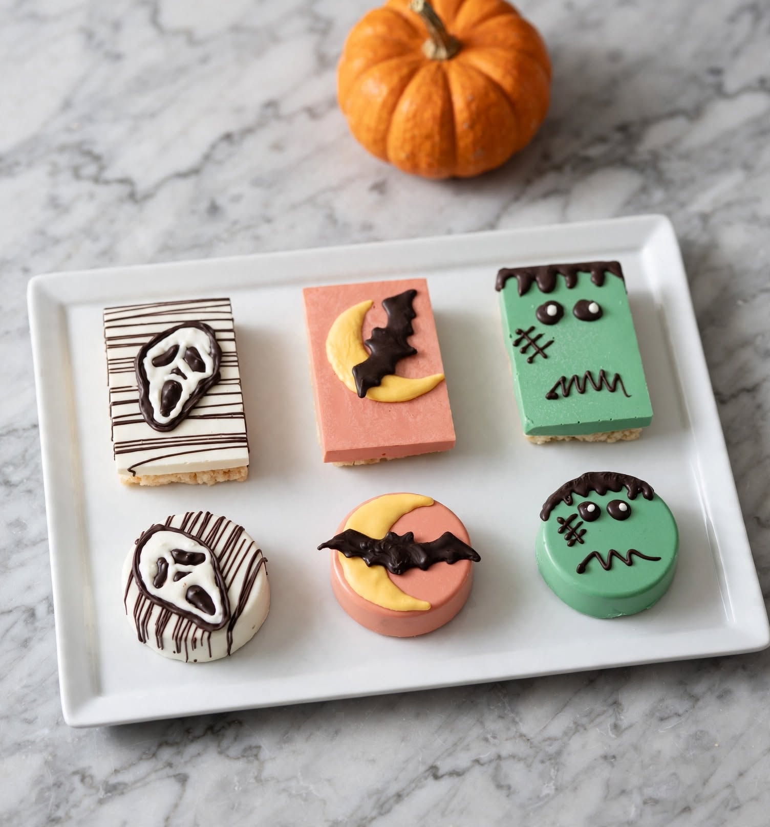 Halloween-themed decorated Rice Krispy treats and Oreos featuring Ghostface, bat and moon, and Frankenstein designs on a white marble platter with a mini pumpkin
