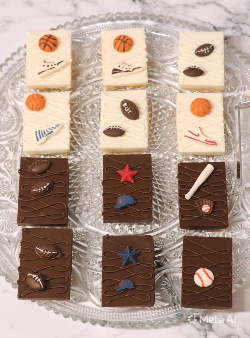 Sports-themed Rice Krispy treats decorated with basketballs, footballs, baseballs and sneakers on a crystal cake stand