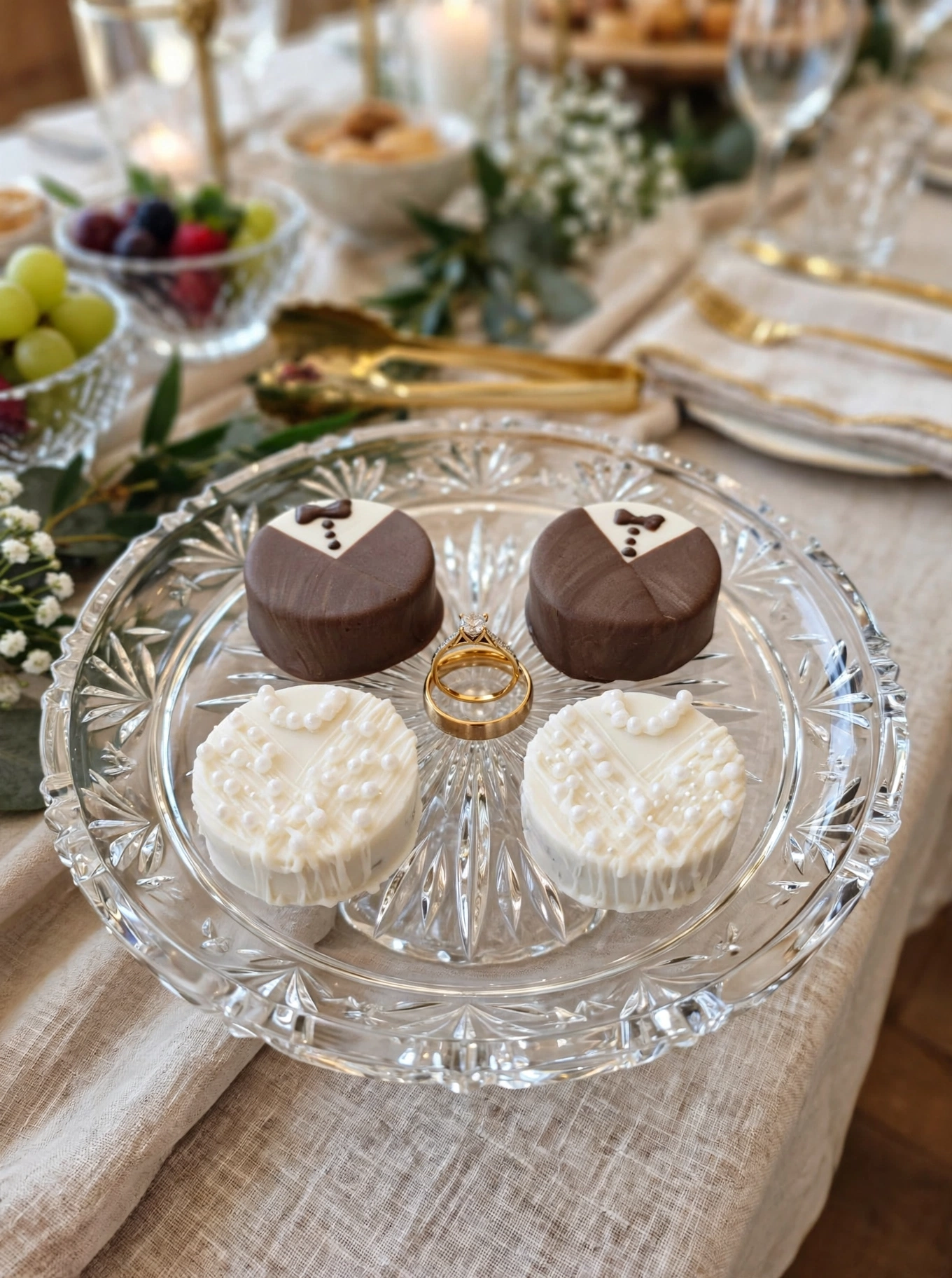 Tuxedo and bridal gown decorated chocolate Oreos on a crystal cake stand with wedding rings